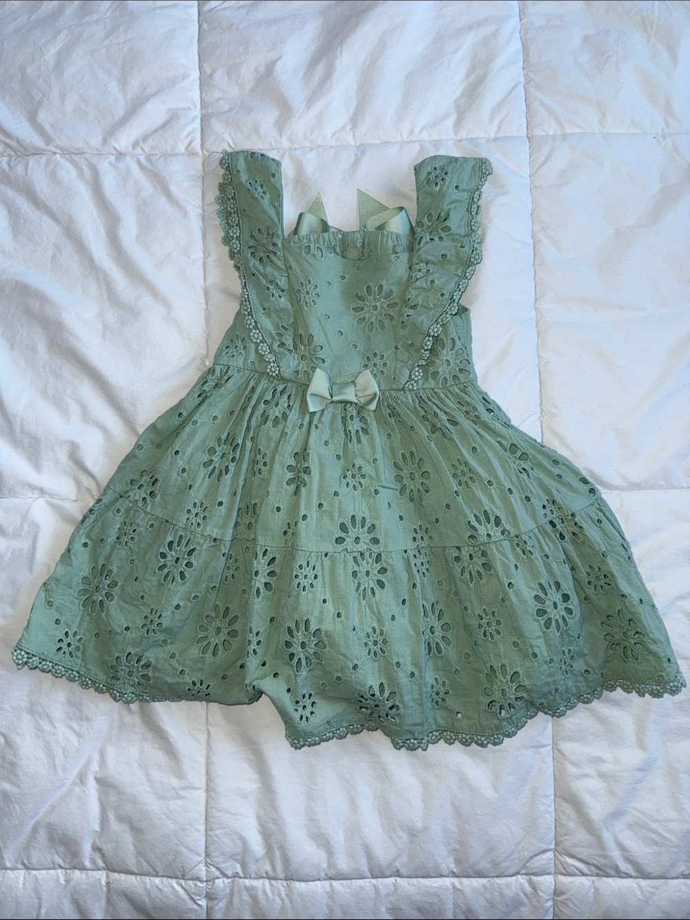 Blueberi Boulevard Sage Green Eyelet Lace Dress with Bow